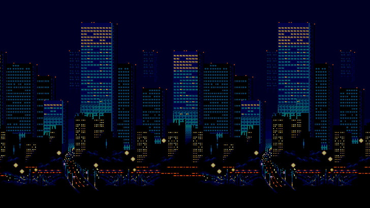 niebieskie wieżowce, pixel art, 16-bit, Sega, Streets of Rage, miasto, panorama, noc, urban, Tapety HD