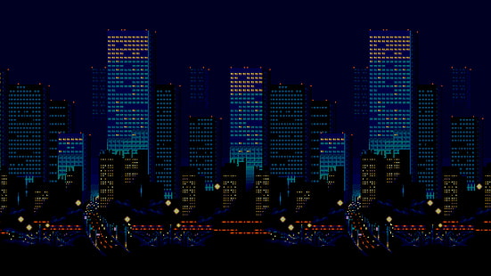 blå höghus, pixelkonst, 16-bitars, Sega, Streets of Rage, stad, skyline, natt, urban, HD tapet HD wallpaper