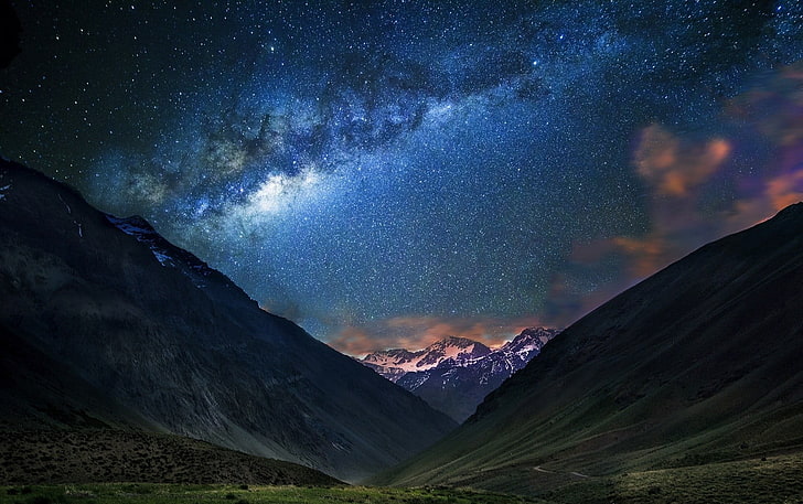 montagne pendant la nuit, paysage, nature, montagnes, nuit étoilée, voie lactée, galaxie, chemin de terre, pic enneigé, Chili, longue exposition, Fond d'écran HD