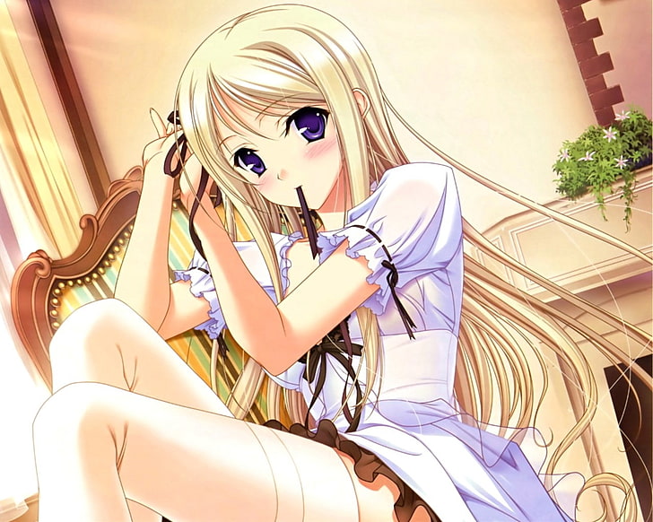 yellow haired female anime wallpaper, girl, blonde, pin, chair, room, HD wallpaper