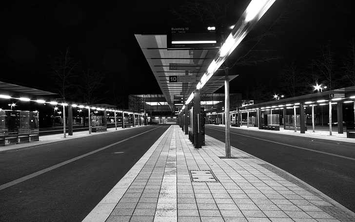 grayscale photo, city, bus stops, road, HD wallpaper
