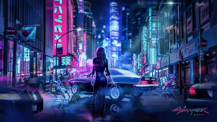 cyberpunk, seni kipas, neon, JivoStudio, Cyberpunk 2077, Wallpaper HD
