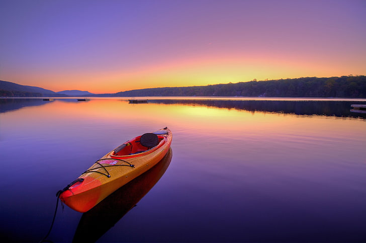 orange kayak, landscape, space, river, dawn, stay, boat, calm, silence, the atmosphere, summer, sunrise, kayak, bokeh, travel, tourism, wallpaper., ski, HD wallpaper