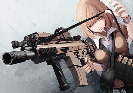 бежевые женщины, несущие винтовку, аниме-персонаж, цифровые обои, аниме, аниме-девушки, оригинальные персонажи, оружие, пистолет, блондинка, школьная форма, короткие волосы, челка, FN SCAR, пулемет, манга, штурмовая винтовка, Vertical Grip, Tactical Lazer,Холо Прицел, часы, HD обои HD wallpaper