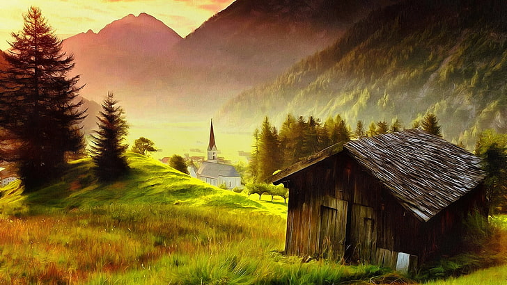 수채화 물감, 산, 숲 근처의 갈색과 흰색 집, HD 배경 화면