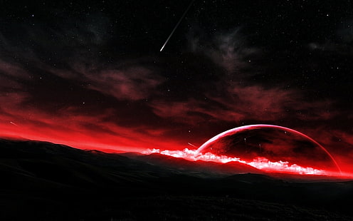 carta da parati grafica pianeta rosso, stelle, pianeta, montagne, picco nevoso, nuvole, arte spaziale, Sfondo HD HD wallpaper