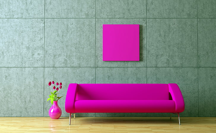 Fuschia Couch, sofa z różowej tkaniny, Architektura, Kanapa, Fuksja, Tapety HD