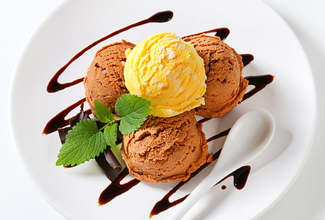 ไอศกรีมกับน้ำเชื่อมอาหารช็อกโกแลตไอศกรีมขนมหวานขนมเคลือบ, วอลล์เปเปอร์ HD HD wallpaper