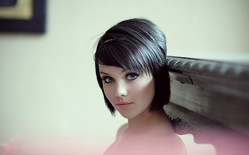 mulher de cabelos pretos com olhos azuis, Melissa Clarke, cabelo curto, rosto, HD papel de parede HD wallpaper