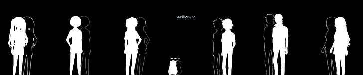 silhouette di persone, anime, Ano Natsu de Matteru, Kirishima Kaito, Takatsuki Ichika, Rinon, Kanna Tanigawa, Ishigaki Tetsurō, Kitahara Mio, Yamano Remon, triplo schermo, Sfondo HD