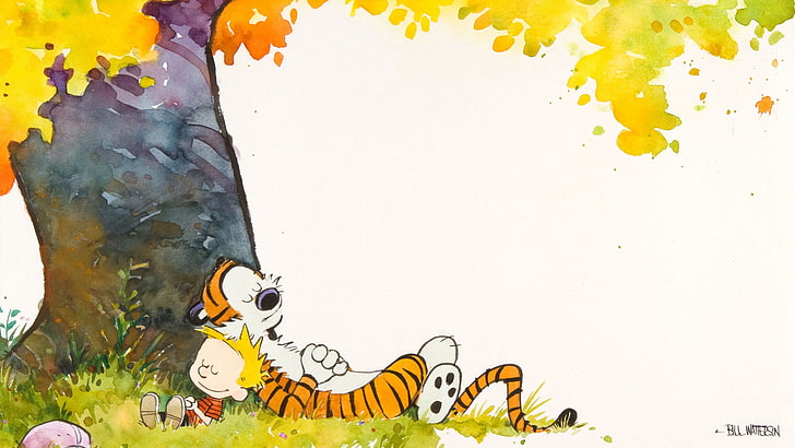 tygrys i chłopiec śpi na drzewie ilustracja, Calvin i Hobbes, drzewa, upadek, odpoczynek, Tapety HD