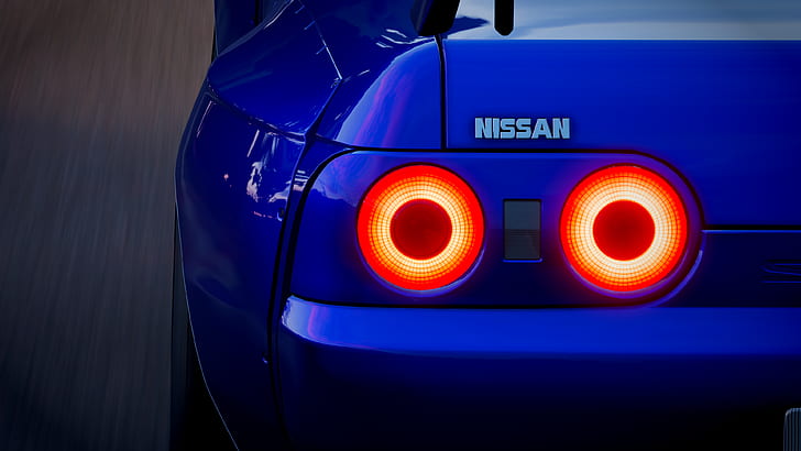 car, vehicle, Nissan, GT-R, skyline, r32, blue, taillights, logo, Forza, horizon, Forza Horizon 4, HD wallpaper