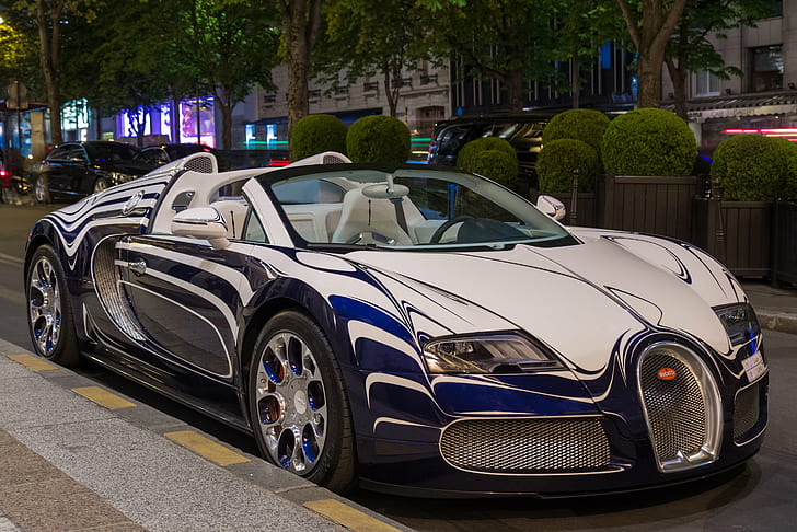 white, black and blue Bugatti Veyron, blanc, white, black and blue, Bugatti Veyron, Cars, supercars, supercar, exotic, spotting, spotted, streetcars, sportscars, photography, canon  •6D, super  •car, sportscar, spot, awesome, flickr, voiture, sport, bugatti  veyron, bleu, inside, car, sports Car, luxury, land Vehicle, convertible, HD wallpaper