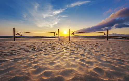playa, puesta de sol, voleibol, Fondo de pantalla HD HD wallpaper