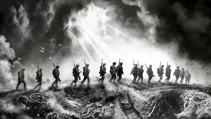 grayscale photo of soldiers, art, watercolor, soldiers, pencil, painting, the British, after the fight, gouache, WWI, the first world war, wallpaper., the artist V. G., elite infantry after battle, 1914-1918, HD wallpaper