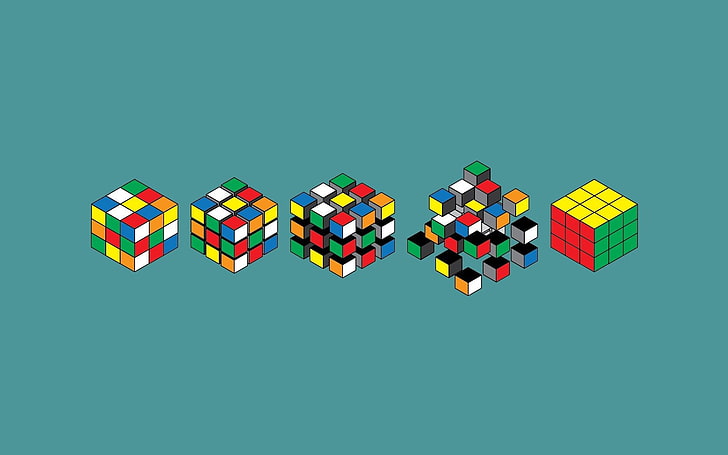 Илюстрация на куба на Рубик, цвят, фон, син, тапет, графика, минимализъм, изкуство, кубът на Рубик, опции, монтаж, HD тапет