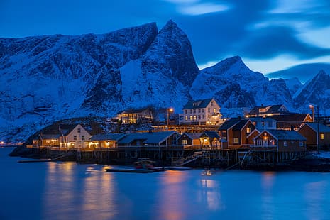 山、村、ノルウェー、家、フィヨルド、ロフォーテン諸島、ロフォーテン諸島、ピュア、ライン、 HDデスクトップの壁紙 HD wallpaper