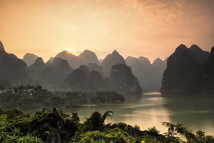 Fotografia, Krajobraz, Chiny, Guanxi Zhuang, Rzeka Li, Góra, Góry Nanling, Natura, Rzeka, Zachód słońca, Tapety HD