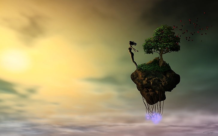 жена, стояща до дърво на плаващ зелен скален дигитален тапет, живопис, жени, голи, дървета, дигитално изкуство, фентъзи изкуство, HD тапет
