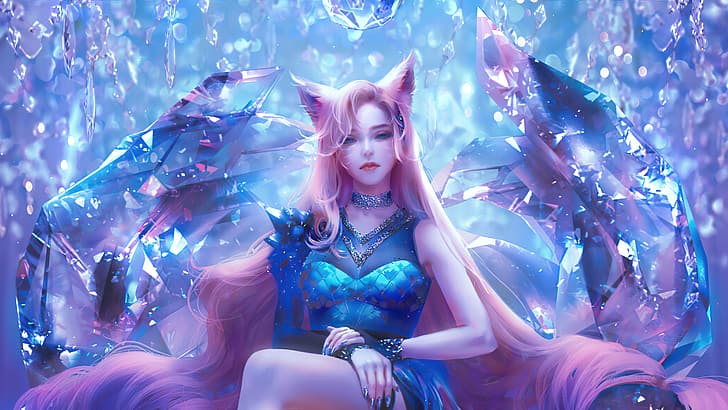 League of Legends, Ahri, Ahri (League of Legends), fox ears, crystal, HD wallpaper