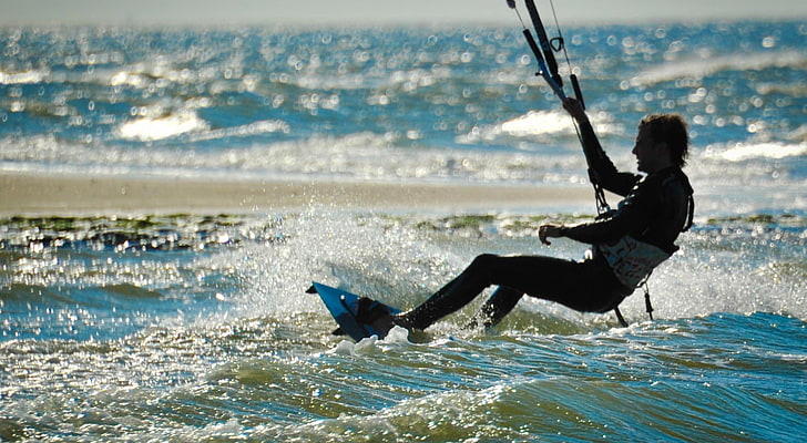 Kite Surf Renesse Zeeland, wakeboard blanco, deportes, surf, agua, mar, surfista, Fondo de pantalla HD