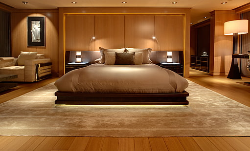 سرير بني ، سجادة ، سرير ، صورة ، كرسي ، وسادة ، غرفة نوم ، إضاءة خلفية.، خلفية HD HD wallpaper