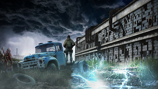 prajurit di ilustrasi truk pickup, Permainan, Postapokalipsis, Chernobyl, Seni, STALKER, Anomali, Area, Bayangan Chernobyl, Penguntit, Wallpaper HD HD wallpaper