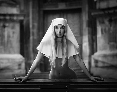  women, model, long hair, straight hair, nun, belly, belly button, looking at viewer, young woman, bokeh, monochrome, cigarettes, long nails, painted nails, skinny, HD wallpaper HD wallpaper