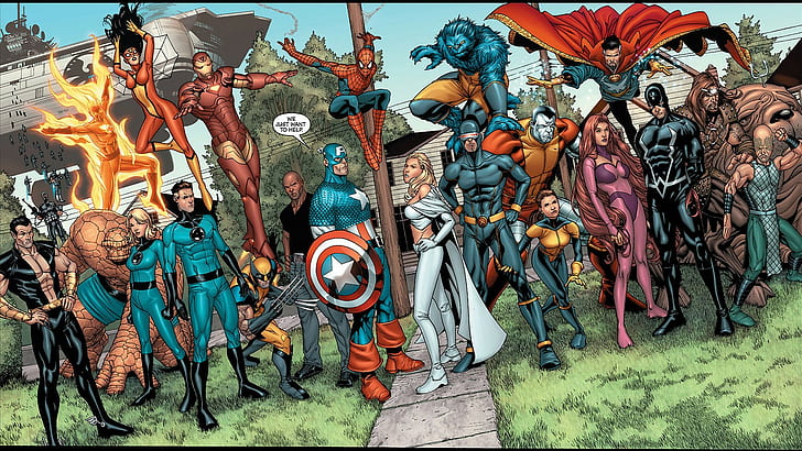 The Avengers, New Avengers, Captain America, Colossus, Cyclops (Marvel Comics), Doctor Strange, Emma Frost, Human Torch (Marvel Comics), Invisible Woman, Iron Man, Mister Fantastic, Spider-Man, Spider-Woman, Thing (Marvel Serier), Wolverine, HD tapet