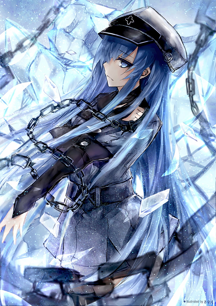 파란 머리의 여성 애니메이션 캐릭터, Akame ga Kill !, Esdeath, 얼음, HD 배경 화면, 핸드폰 배경화면