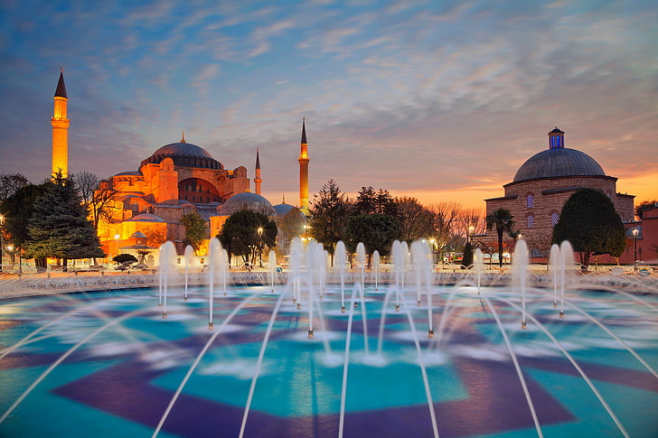 المساء، النافورة، اسطنبول، تركيا، المئذنة، عزة صوفيا، آيا صوفيا، خلفية HD
