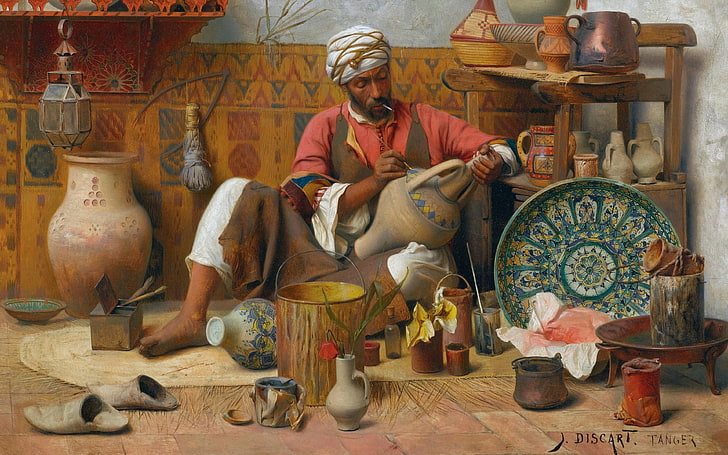 óleo, lienzo, pintor francés, 1910, Jean Discart, cerámica, The Pottery Workshop, Fondo de pantalla HD
