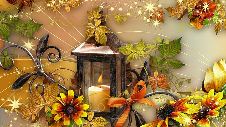 Autumn Light, yellow, ribbon, stars, vintage, fall, leaves, bright, flowers, lantern, gold, shine, candle, light, HD wallpaper
