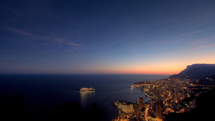 градски силует, градски пейзаж, залез, Монако, небе, море, светлини, хоризонт, HD тапет