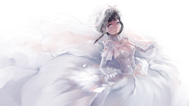 черноволосый женский персонаж аниме в белом платье illusration, Наруто Шиппууден, Hyuuga Hinata, свадебное платье, аниме, HD обои