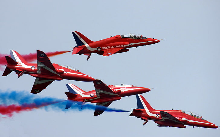 Red Royal Air Force, four red-and-white aerobatic planes, Aircrafts / Planes, , red, plane, aircraft, air show, HD wallpaper