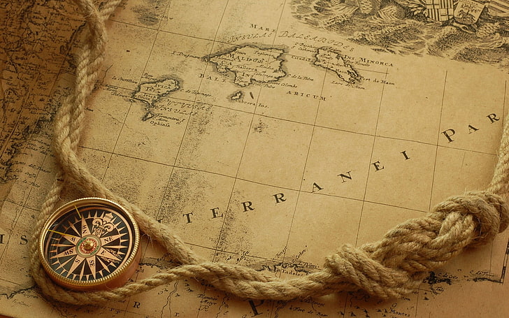 brown map with compass illustration, old map, map, compass, ropes, HD wallpaper