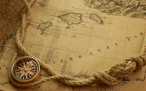 peta coklat dengan ilustrasi kompas, peta lama, peta, kompas, tali, Wallpaper HD HD wallpaper