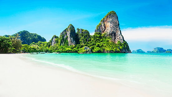 wyspa, turkus, błękitne niebo, plaża Railay, krabi, Azja, Tajlandia, ocean, zatoka, turystyka, natura, wybrzeże, kraje tropikalne, morze, egzotyczne, niebo, woda, cypel, plaża, Tapety HD HD wallpaper