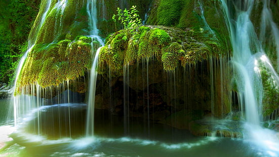 przyroda, krajobraz, wodospad, mech, rzeka, zieleń, długi czas naświetlania, poranek, Rumunia, Tapety HD HD wallpaper