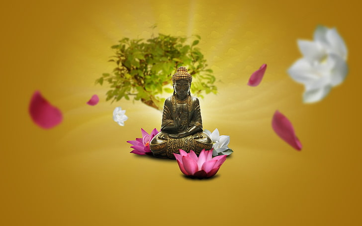تمثال بوذا نحاسي اللون ، زن ، بوذا ، التأمل ، زهور اللوتس، خلفية HD