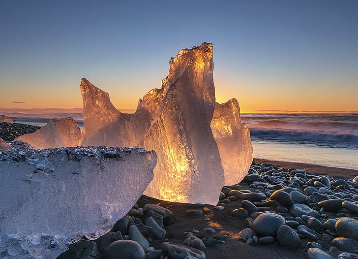 ice formation during sunset in beach, Icy, Sunrise, Jökulsárlón, Iceland, ice formation, sunset, beach, iceberg, landscape, seascape, imaging, icelandic, adventure, coast, pebbles, glacial, outdoor, sand, nature, rock - Object, outdoors, sea, HD wallpaper
