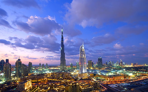 Дубай, Бурж Халифа, небостъргач, нощи, светлини, хотел Ал Хараб, Дубай, Бурж, Халифа, Небостъргач, Нощи, Светлини, HD тапет HD wallpaper