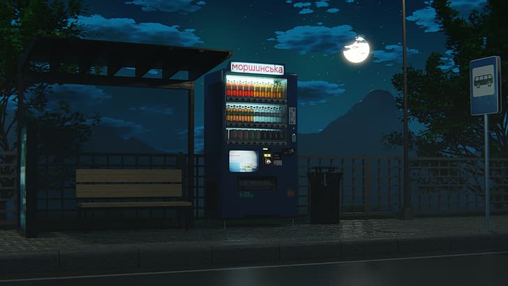 vending machine, bus stop, night, Blender, street, soda, HD wallpaper
