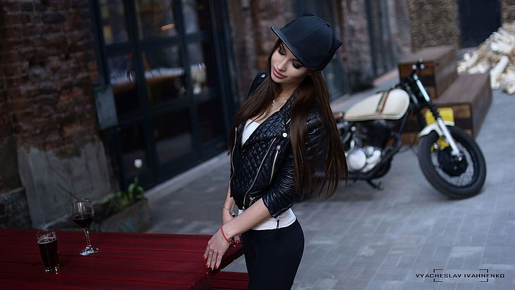 women, baseball caps, leather leggings, portrait, Vuacheslav Ivahnenko, leather jackets, black jackets, brunette, closed eyes, standing, women outdoors, long hair, straight hair, Public, white tops, women with bicycles, red nails, HD wallpaper