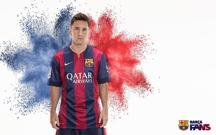 Lionel Messi-FC Barcelona HD Wallpaper, men's red and blue striped Nike Qatar Airways FC Barcelona jersey shirt, HD wallpaper
