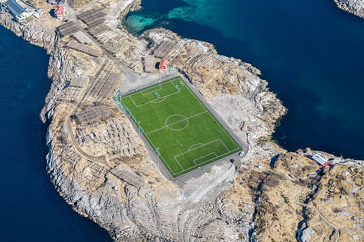 Lofoten Islands, soccer pitches, landscape, field, soccer, Norway, aerial view, sea, HD wallpaper