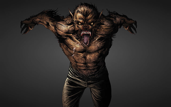 monster illustration, the dark background, wolf, werewolf, growls, HD wallpaper