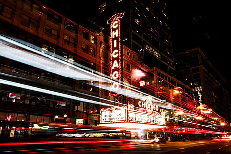 Señalización de neón roja y blanca de Chicago, Chicago, Illinois, noche, ciudad, tráfico, Fondo de pantalla HD HD wallpaper
