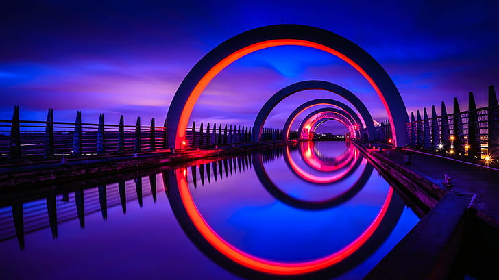 reflection, UK, night, Scotland, Falkirk Wheel, architecture, HD wallpaper
